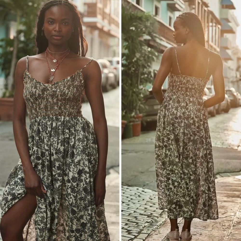 Free People Black and Cream Floral Midi Dress